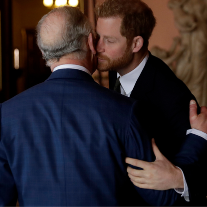 Prince Harry and Prince Charles, Prince of Wales arrive to attend the 'International Year of The Reef' 2018 meeting at Fishmongers Hall on February 14, 2018 in London, England.