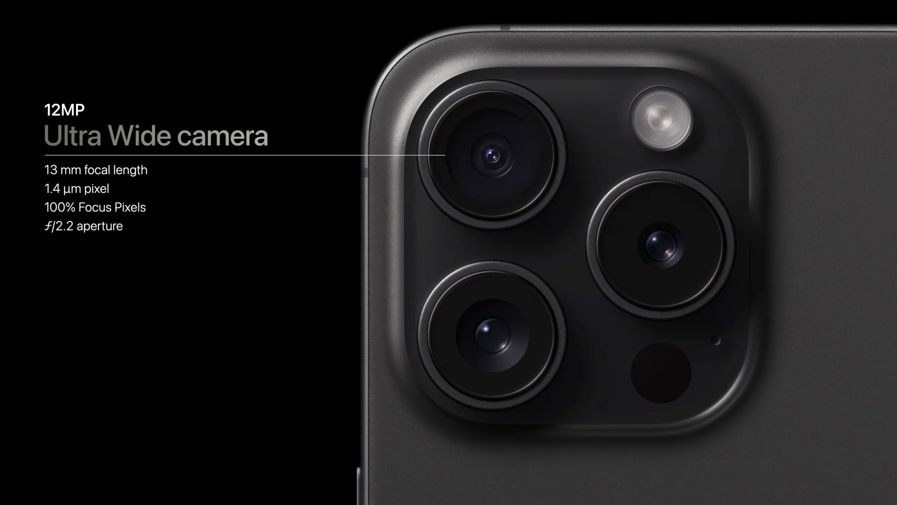 The iPhone 15 Pro Max's cameras on a black background