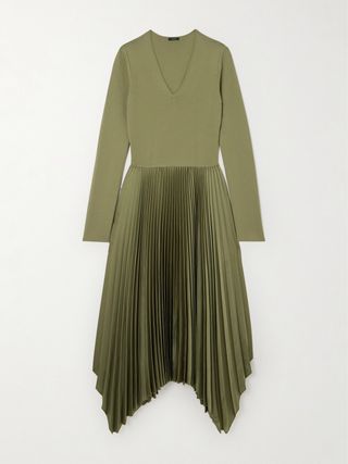 Dubois Asymmetric Knitted and Pleated Satin-Crepe Dress