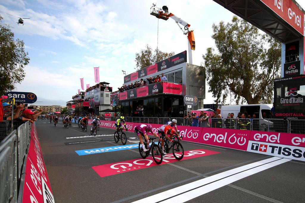 SCALEA ITALY MAY 12 LR Arnaud Demare of France and Team Groupama FDJ Purple Points Jersey Hailu Biniam Girmay of Eritrea and Team Intermarch Wanty Gobert Matriaux Caleb Ewan of Australia and Team Lotto Soudal and Mark Cavendish of United Kingdom and Team QuickStep Alpha Vinyl sprint at finish line during the 105th Giro dItalia 2022 Stage 6 a 192km stage from Palmi to Scalea Giro WorldTour on May 12 2022 in Scalea Italy Photo by Michael SteeleGetty Images