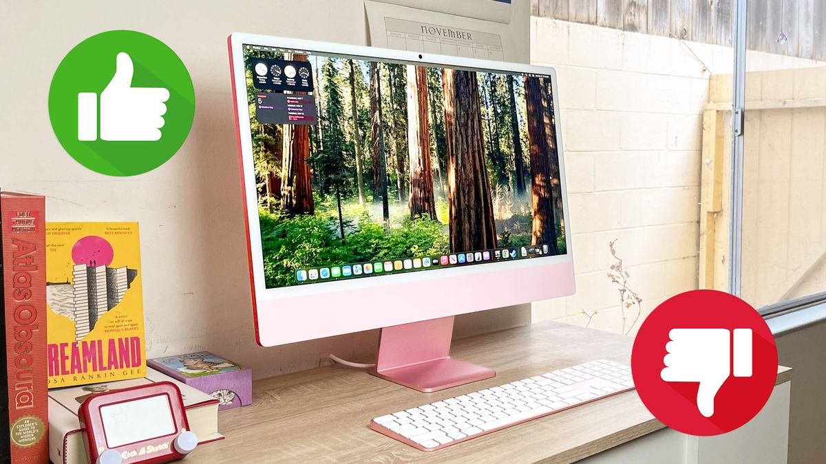 Apple iMac M4 with thumbs up and thumbs down graphics superimposed