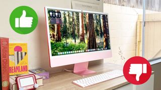 Apple iMac M4 with thumbs up and thumbs down graphics superimposed