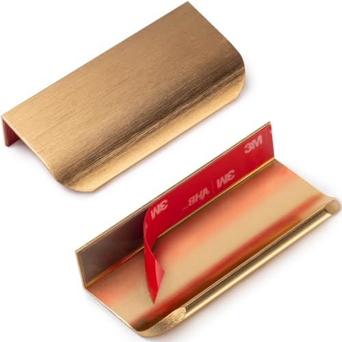 Rvpekupe 5-Pack Adhesive Edge Finger Pulls for Cabinets No Drill Hidden Drawer Pulls Flat Stick on Cabinet Handles (brushed Gold, 3.15" Length)