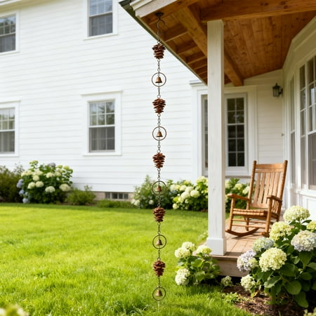 Ayktou Pinecone-Shaped Metal Rain Chain, Outdoor Wind Chime Patio Garden Eaves Rainwater Harvesting Chain Vintage Drainage Chain Pine Cones and Bells Rain Chain for Indoor Outdoor Decoration