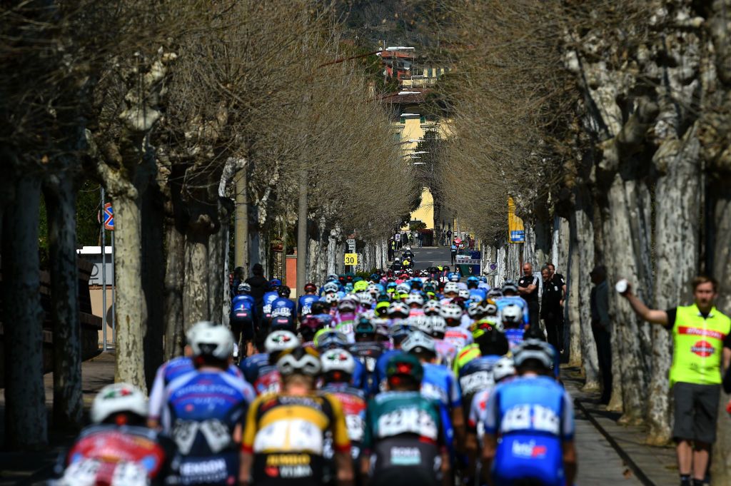 MONTECATINI TERME ITALY MARCH 25 A general view of the peloton competing during the 36th Settimana Internazionale Coppi e Bartali 2022 Stage 4 a 1587km stage from Montecatini to Montecatini CoppieBartali on March 25 2022 in Montecatini Terme Italy Photo by Dario BelingheriGetty Images