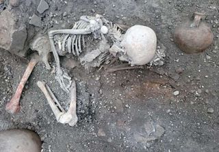 A skeleton buried in the rubble in Pompeii. 