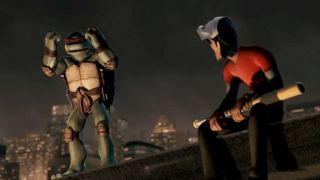 Raphael and Casey Jones on a rooftop in TMNT