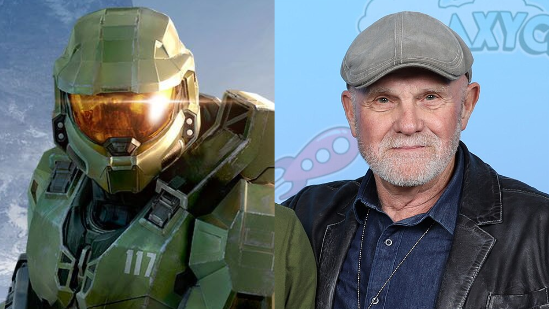 Steve Downes, voice of Master Chief next to Master Chief