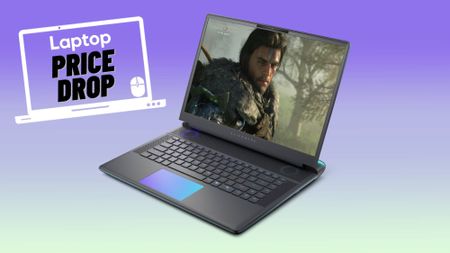 Gray Alienware 16 Area-51 gaming laptop displaying Crimson Desert Pearl Abyss gameplay against a purple and green gradient background.