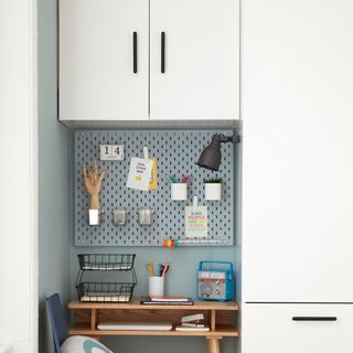 Compact bedroom work space among cupboards