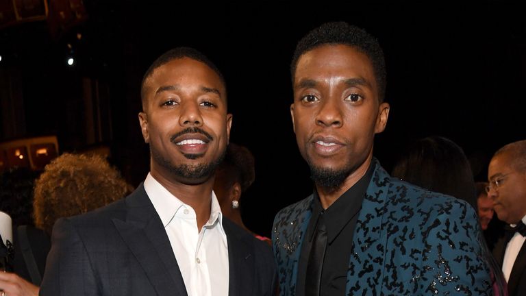 los angeles, ca february 17 michael b jordan and chadwick boseman attend the 2018 state farm all star saturday night at staples center on february 17, 2018 in los angeles, california photo by kevin mazurwireimage