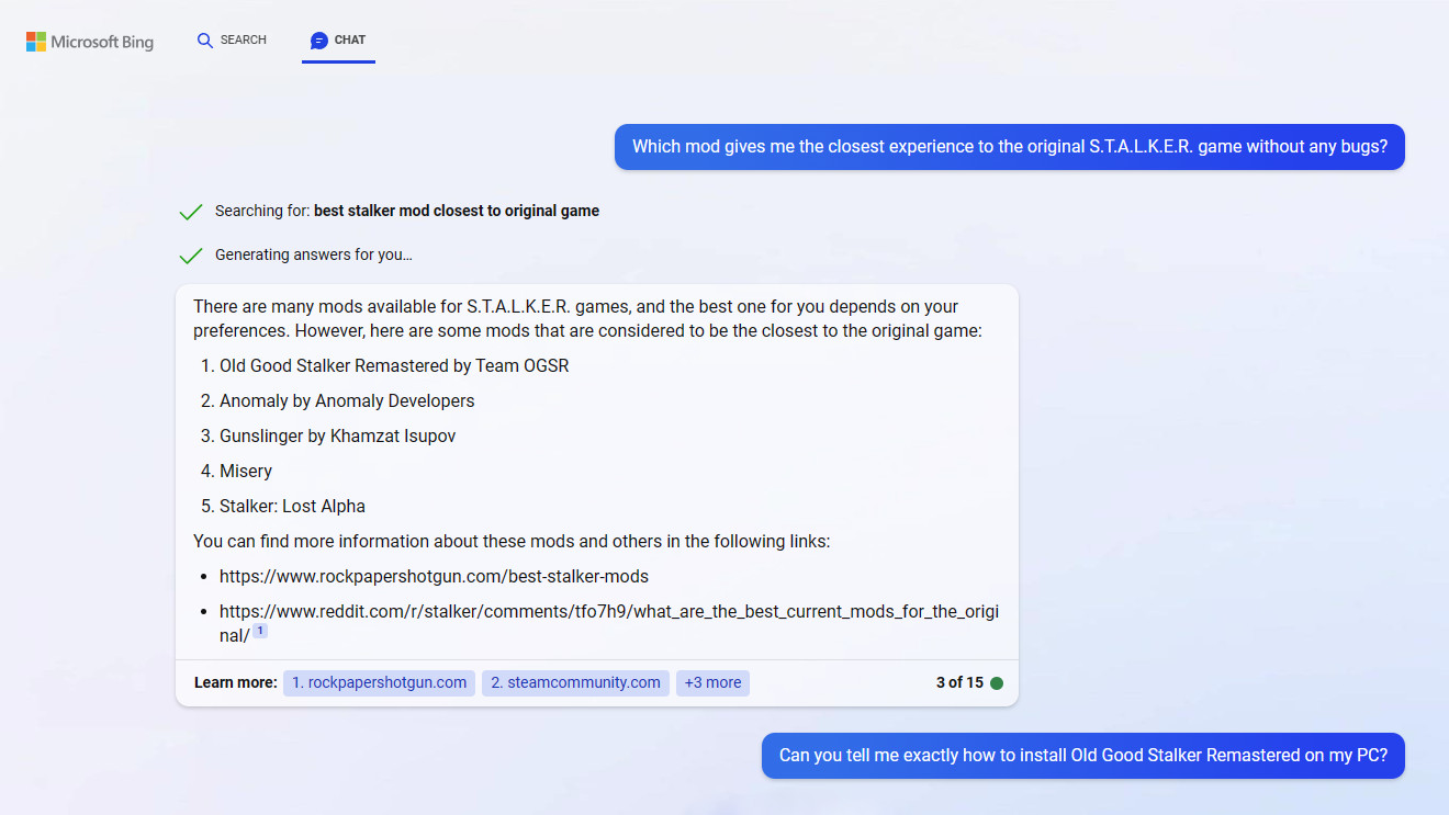 Bing Chat answers questions about how to install mods on PC games.
