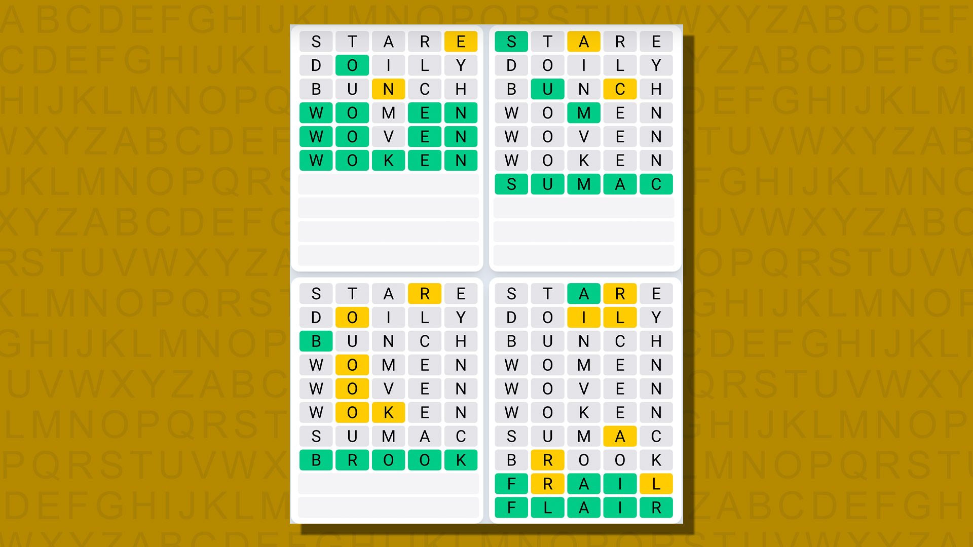 Quordle ежедневная последовательность ответов для игры 789 на желтом фоне