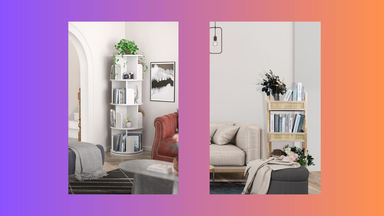 Bookshelves for small spaces - one white spinnable bookshelf in a living room, another rattan ladder bookshelf filled in living room