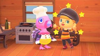 Animal Crossing: New Horizons in the kitchen with Franlkin