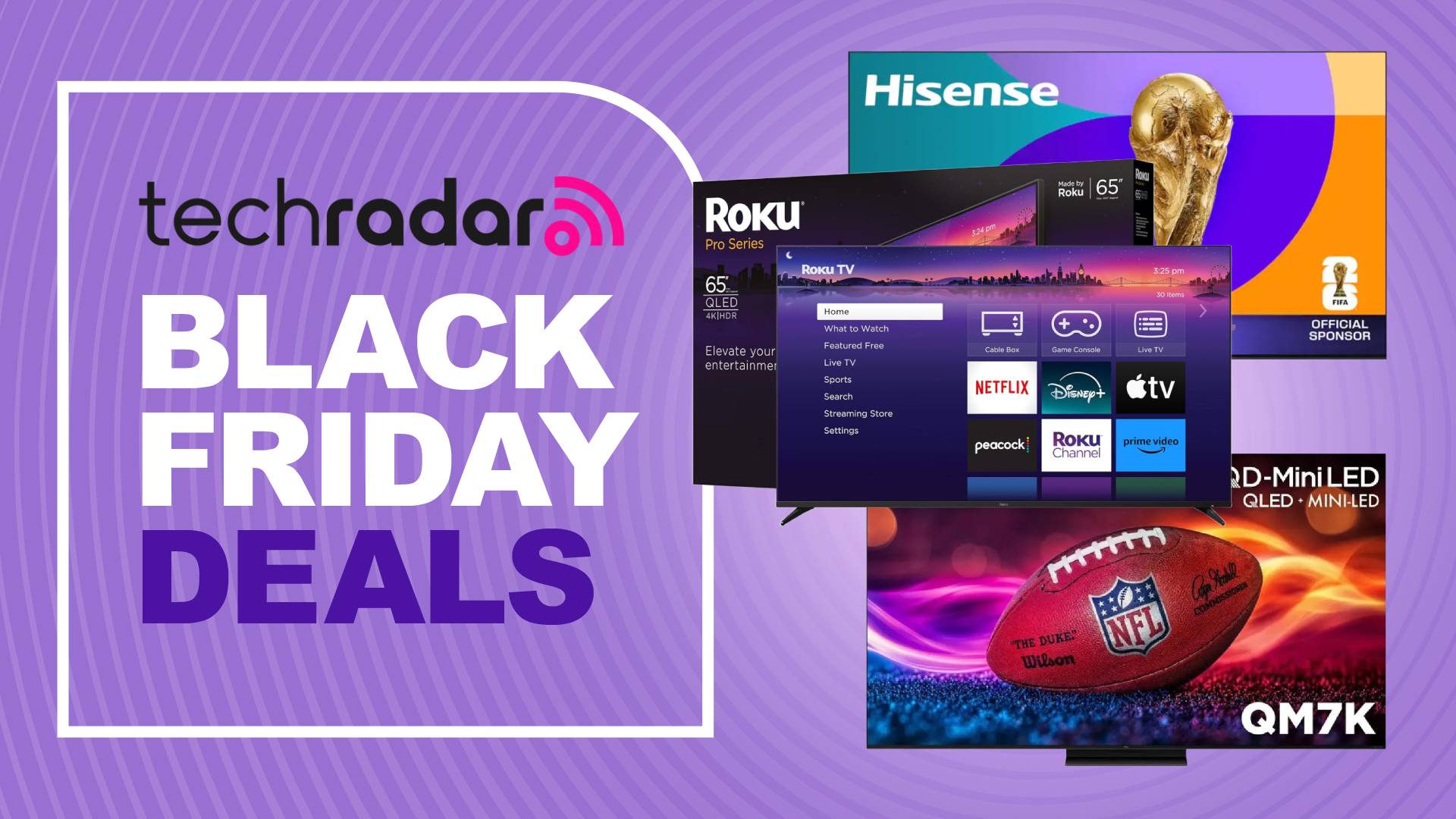 Roku Hisense and TCL TVs on purple background