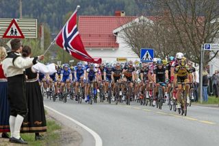 The Glava Tour of Norway peloton en route from Tønsberg to Drammen during stage 3