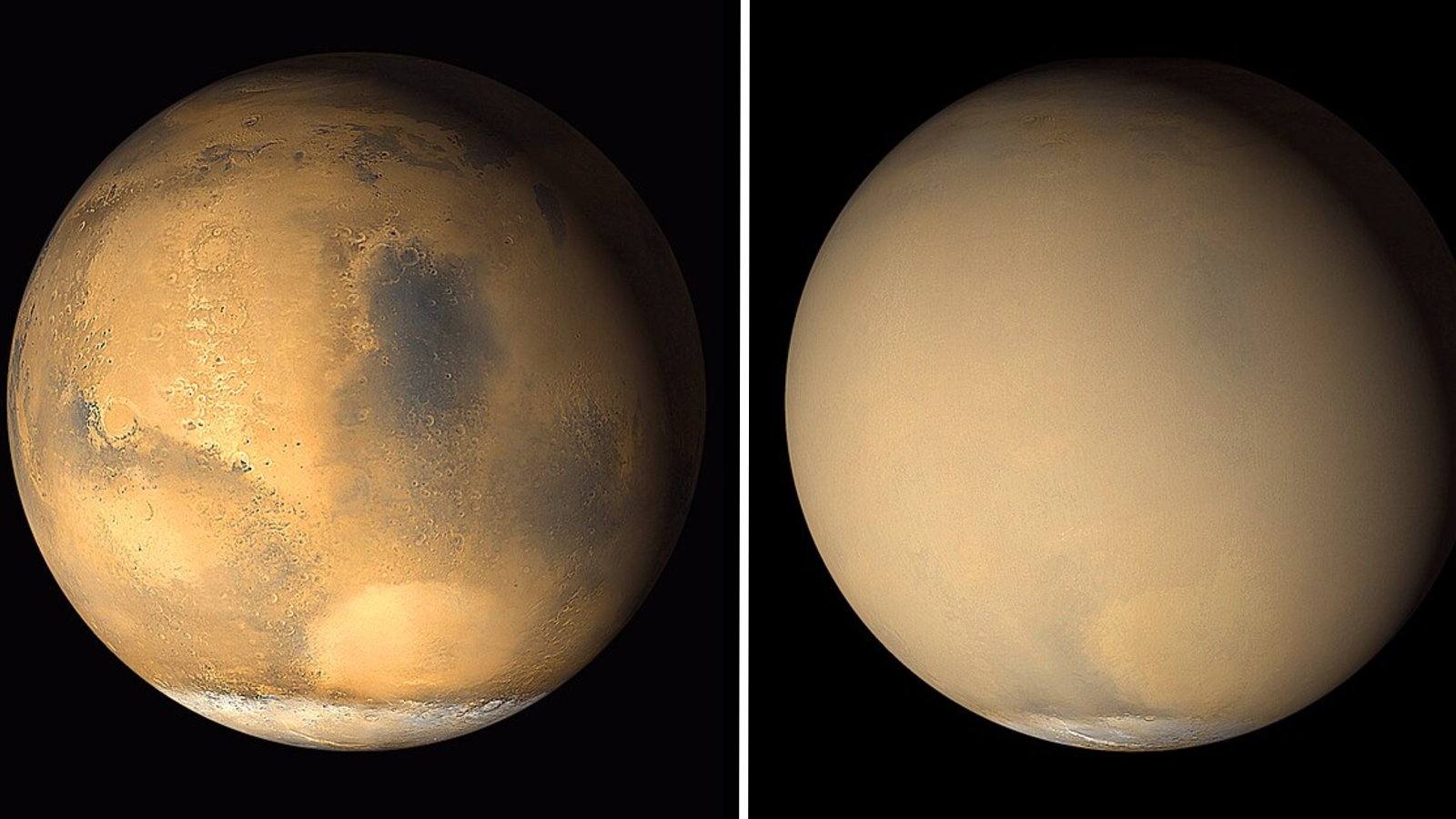 Side-by-side photos of Mars before and during a global dust storm