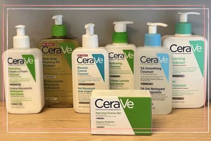 a selection of Cerave cleansers arranged on a wooden table top