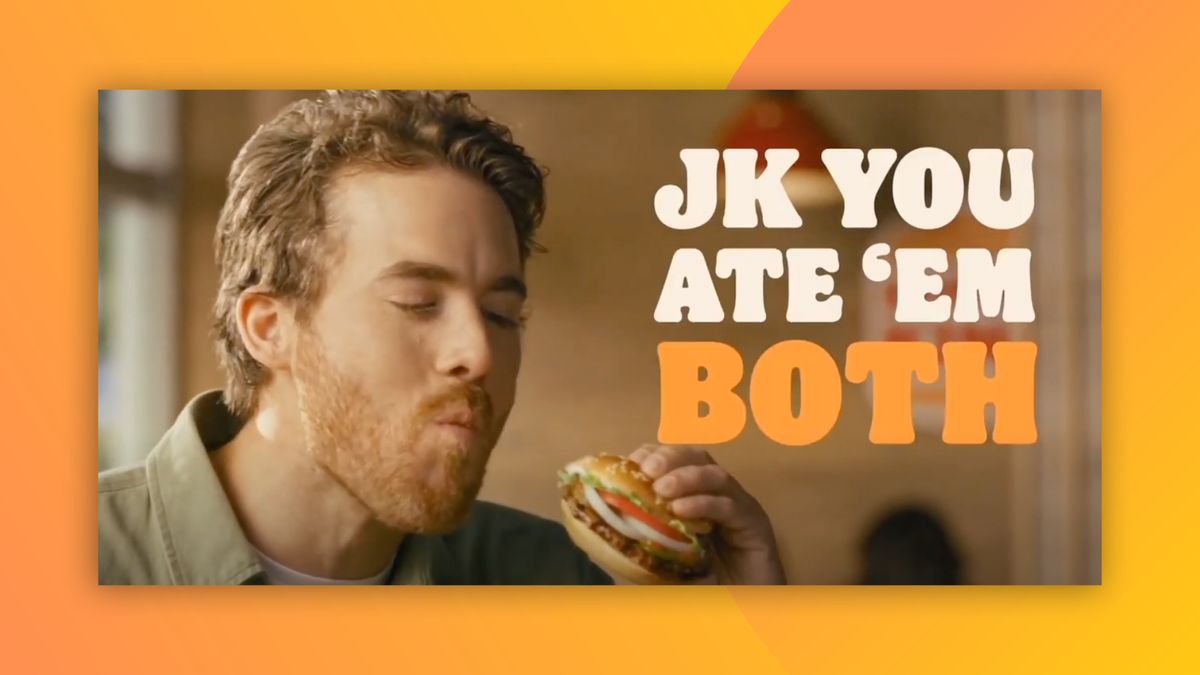 Burger King ad screenshot featuring a man eating a whopper with the text &#039;JK you ate &#039;em both&quot;