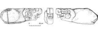 These drawings show three views of the crocodile carving as it would have appeared right side up, with its rectangular eye at the top, a circular earspool, and an arm circled by a bracelet and ending in a human hand.
