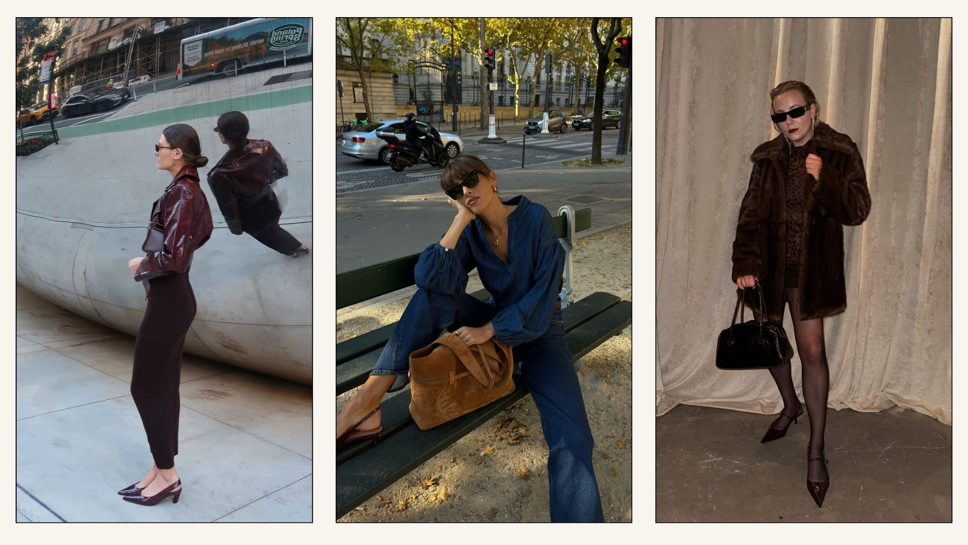 Collage of influencers wearing burgundy slingback heels with skirts, jumpsuits and shorts.