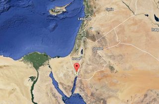 The red pin shows the location of Timna Valley, in present-day southern Israel.