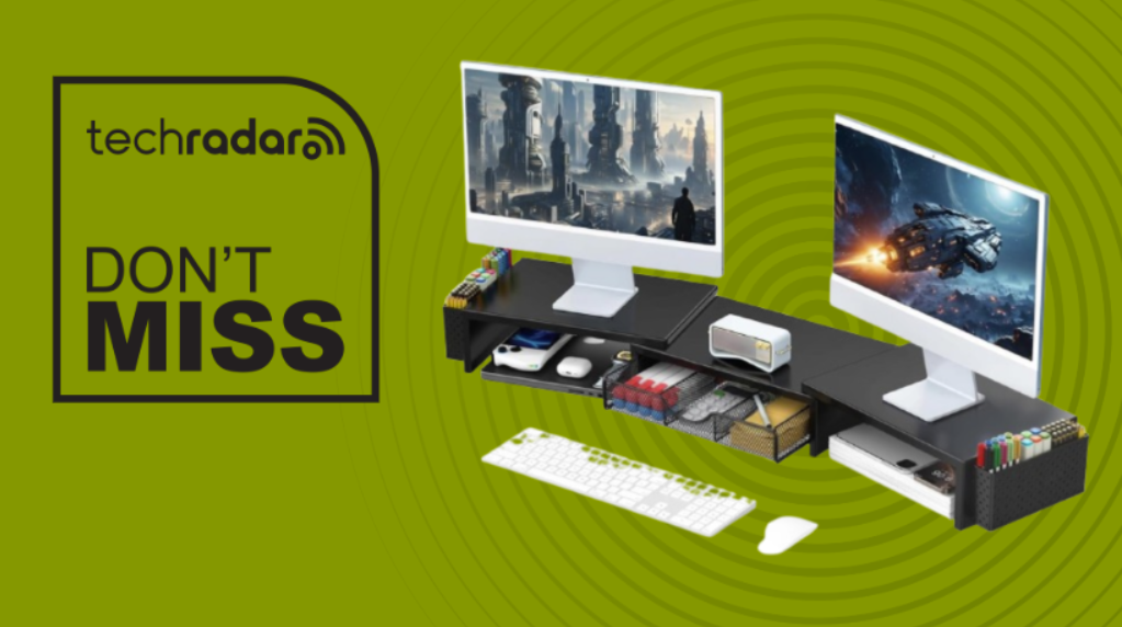 Gianotter dual monitor riser with storage on a green background next to a TechRadar badge reading 'Don't Miss'