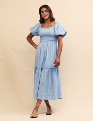 Blue Shirred Bodice Tiered Tallulah Midi Dress