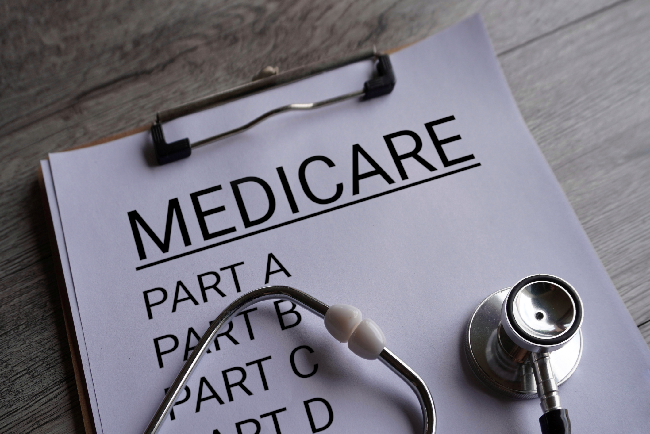 Close up image of stethoscope and paper clipboard with text MEDICARE and part list. Medical and healthcare concept