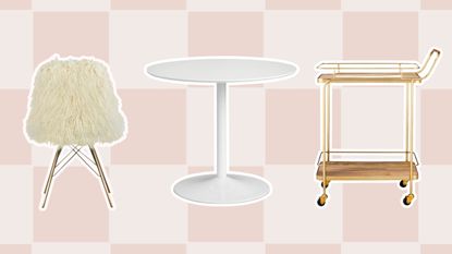 Faux fur chair, white table, and wooden bar cart on beige background