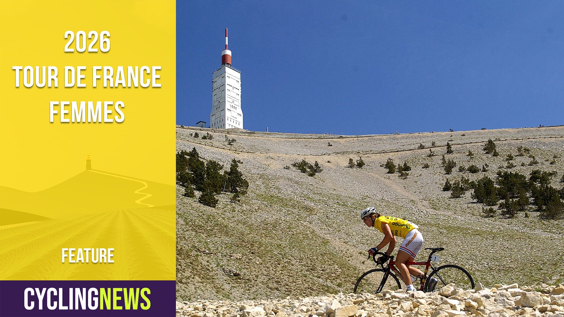 Nicole Cooke climbs Mont Ventoux, with the summit looming overhead.