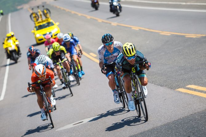 Breakaway riders tuck in on one of today's descents on stage 3 of the 2018 Tour of Utah in Layton, Utah.