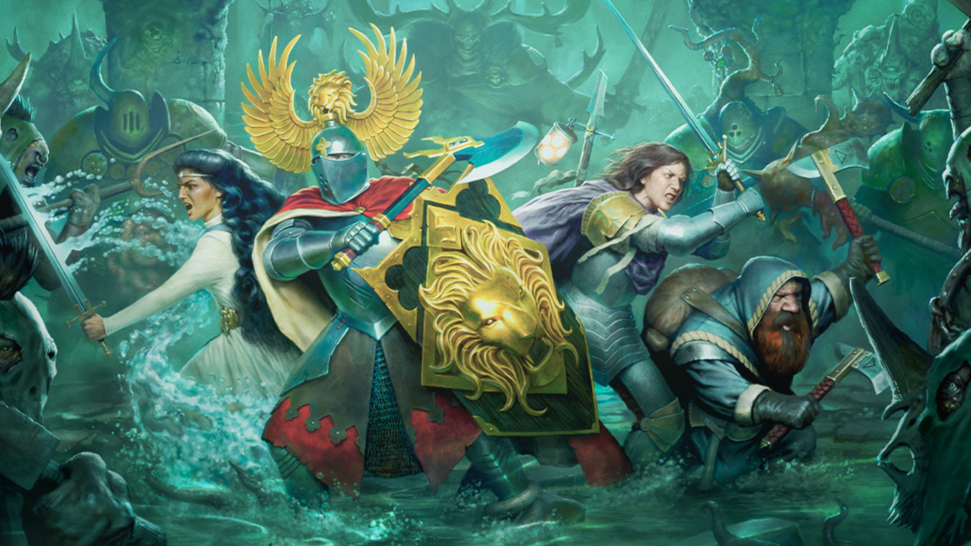 Heroes of Warhammer Quest: Darkwater (a pair of knights, a wizard, and a dwarf) battle in a flooded dungeon against Nurgle warriors and Beastmen