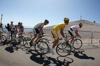 Andy Schleck (Saxo Bank) leads Astana teammates Alberto Contador and Lance Armstrong