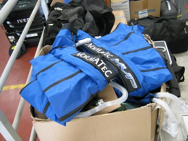 Normatec 'Space Legs' are used to help riders' post-race recovery. The team brings a few pairs to all stage races, where some riders are more enthusiastic about their use than others.