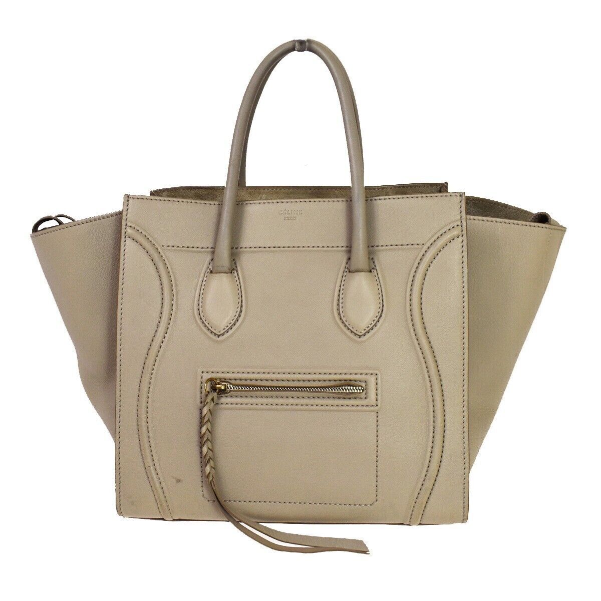 Celine Logo Luggage Phantom Large Hand Tote Bag Leather Beige Italy 10rh134
