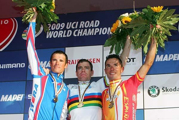 Elite men's road race World Championship podium: Alexandr Kolobnev (Russian Federation), Cadel Evans (Australia), Joaquin Rodriguez Oliver (Spain)