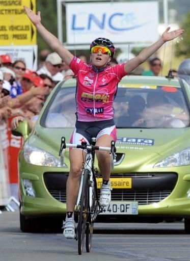 M&eacute;lodie Lesueur celebrates her solo win in the French championship.
