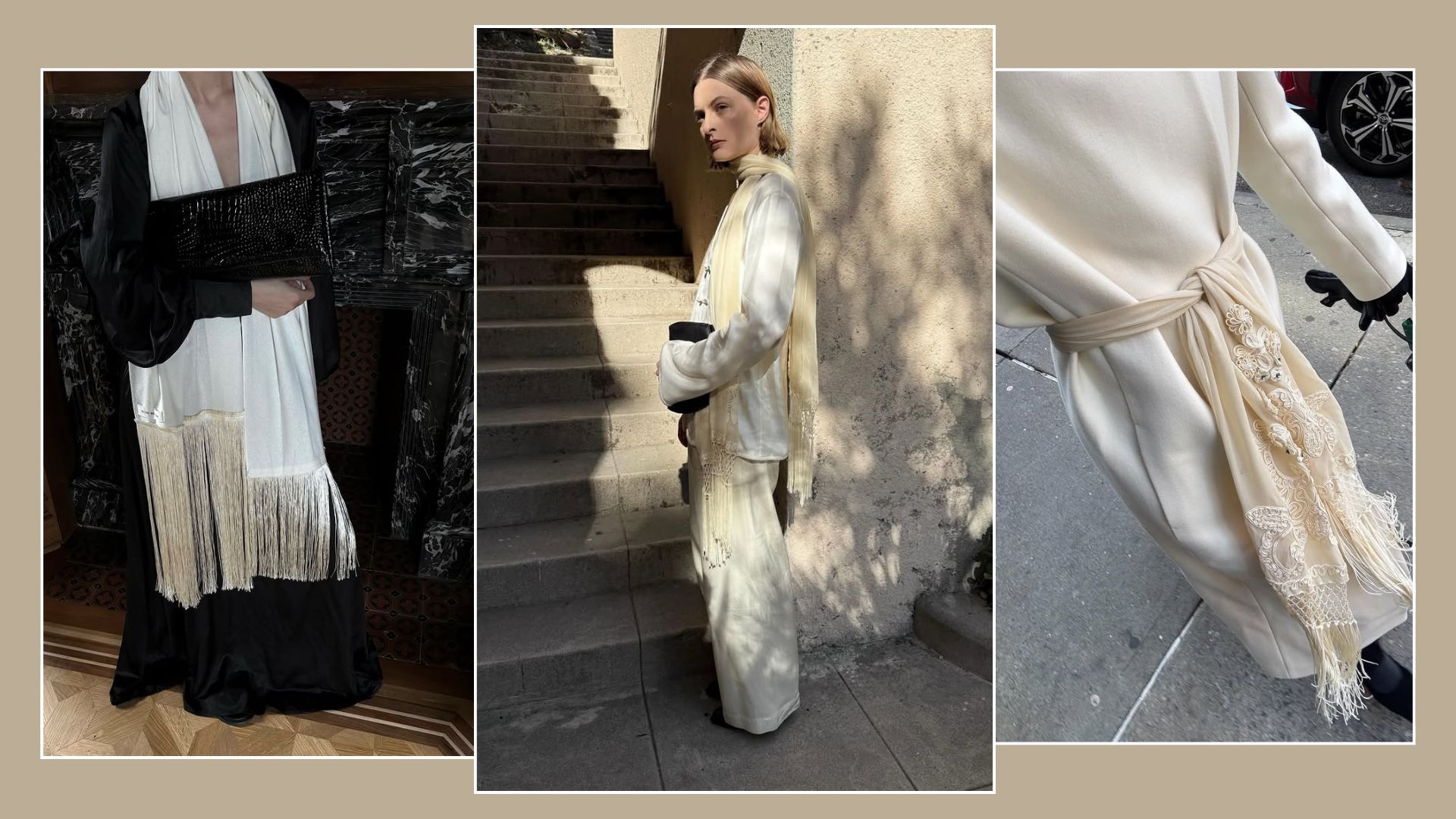 A collage of the tassel scarf trend.