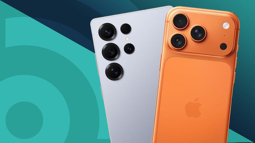 Apple iPhone 17 Pro in Cosmic Orange color in front of a Samsung Galaxy S25 Ultra in blue titanium color, both from the back showing the camera arrays