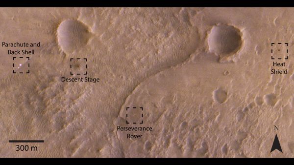 The ESA-Roscosmos Trace Gas Orbiter has spotted NASA&#039;s Mars 2020 Perseverance rover, along with its parachute and back shell, heat shield and descent stage, in the Jezero Crater region of Mars. 