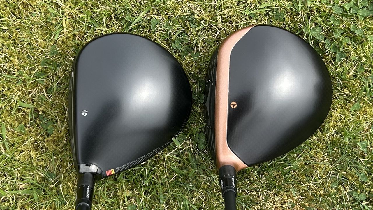 Photo of the TaylorMade R7 Quad Mini Driver and the BRNR copper mini driver side by side at address