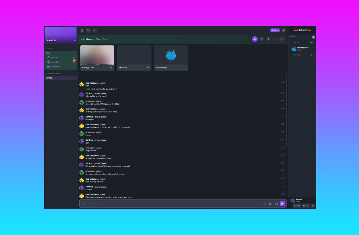 A conversation in the Discord-like messaging app GameVox. Users discuss how to connect a friend to the video call with little success. This screen shot has been edited, removing the date, resizing the chat window, and blurring out the webcam feed of one user.