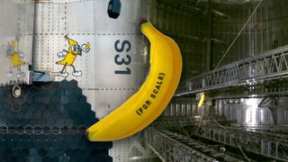 photo collage showing a plush banana toy in front of a silver spacecraft, which has a cartoon banana painted on its side