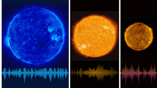A large blue star, a medium orange star, and red dwarf star. Scientists measured the waves of energy passing through these star sizes and set it to music