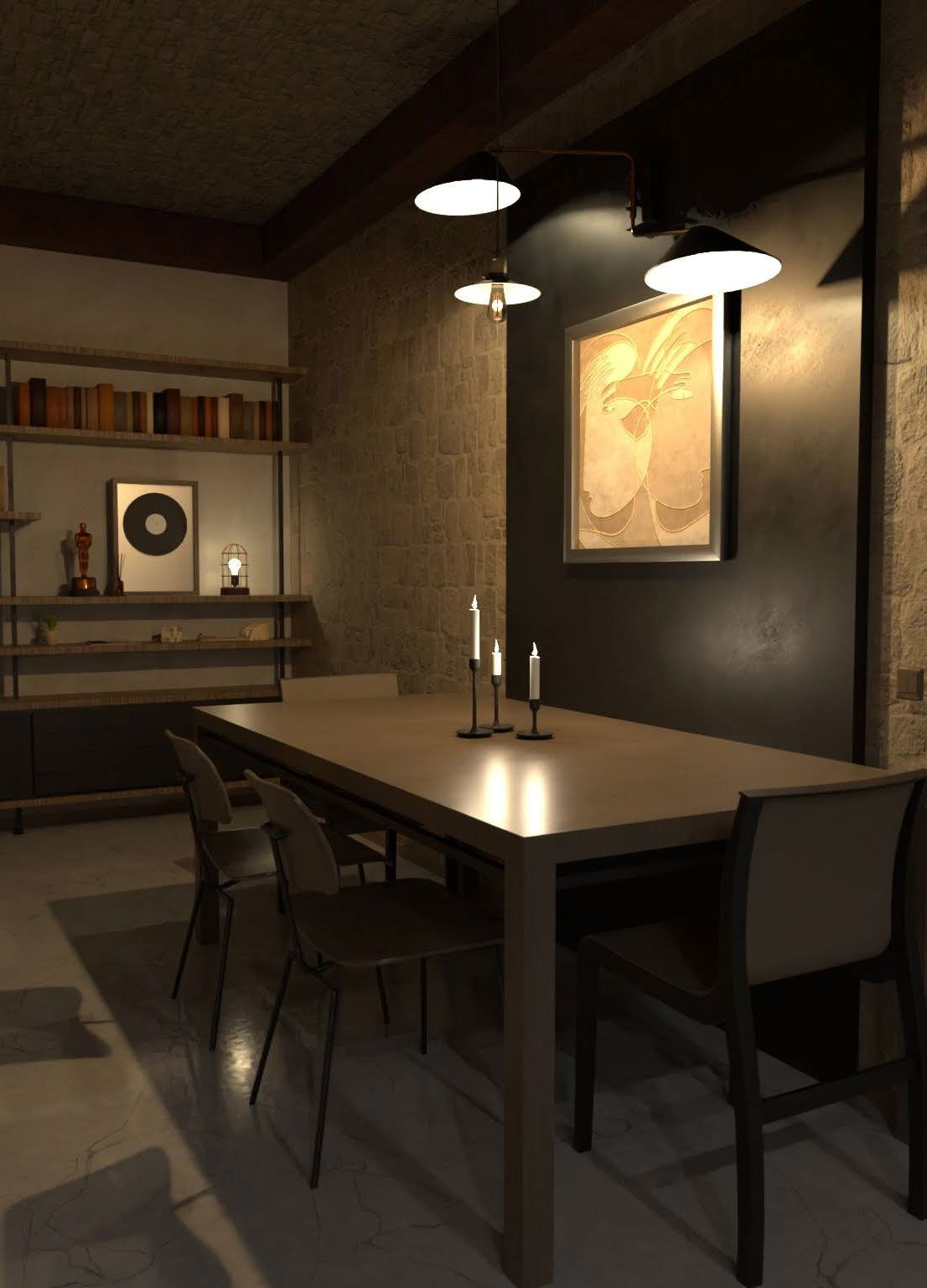 Modern dining room with overhead lighting