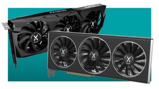 Two XFX Speedster Radeon RX 6700/6750 XT graphics cards against a teal background