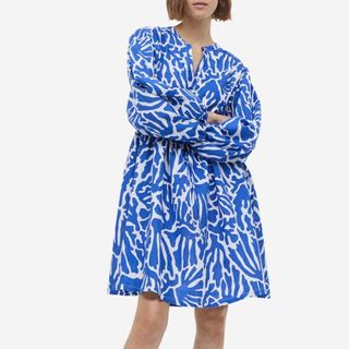 blue and white smock dress
