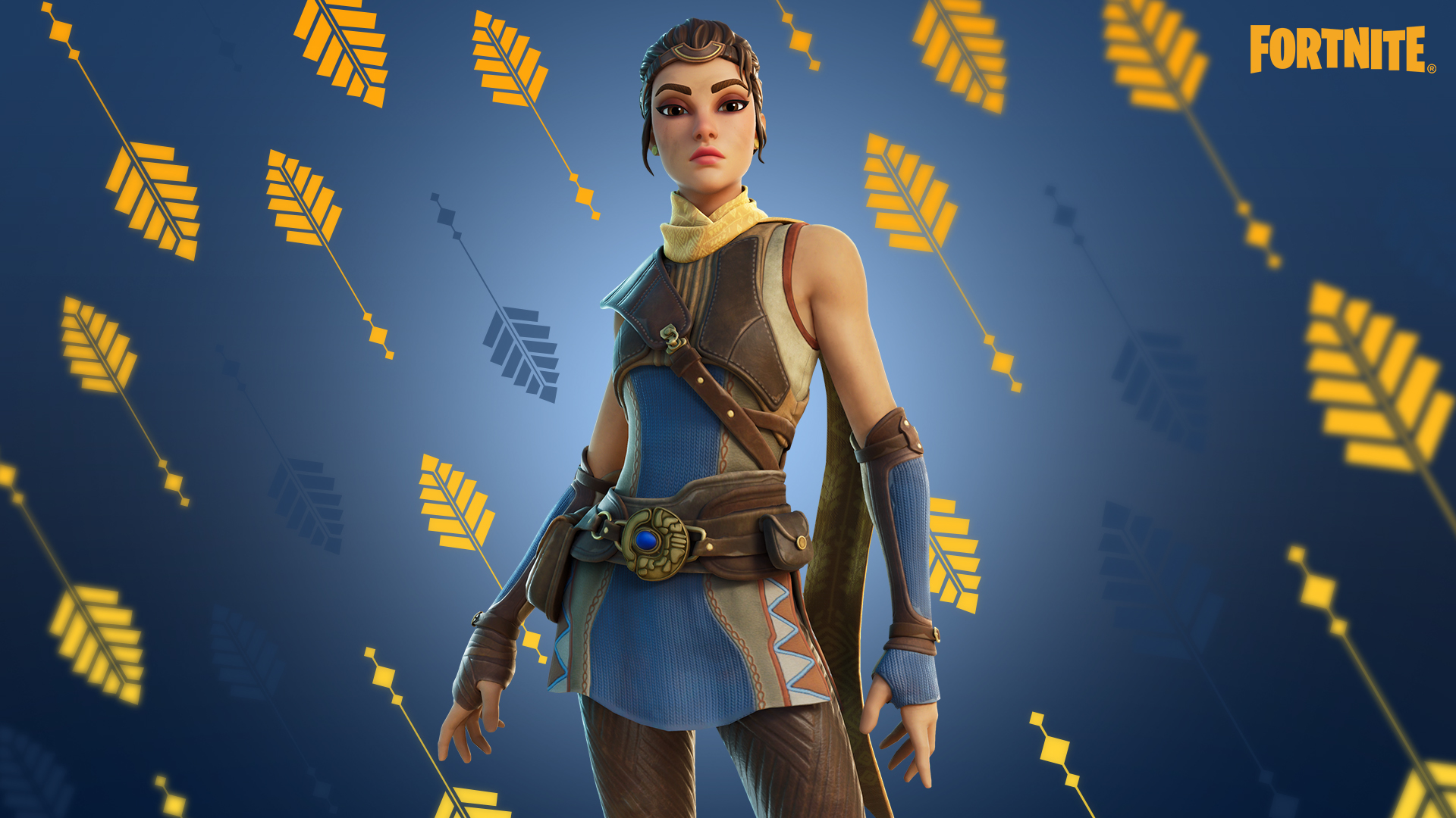 The Windwalker Echo Fortnite Skin based on the characters from the Unreal Engine 5 demo, she wears leather armor over a blue dress